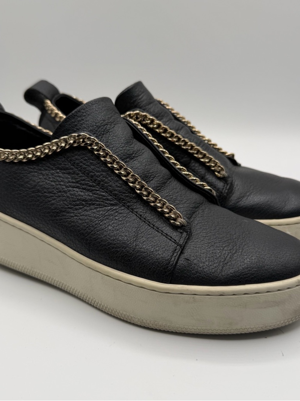 Stokton Italy Black Leather Platform Sneakers Gold Chain Slip On EU 36 US 5.5-6